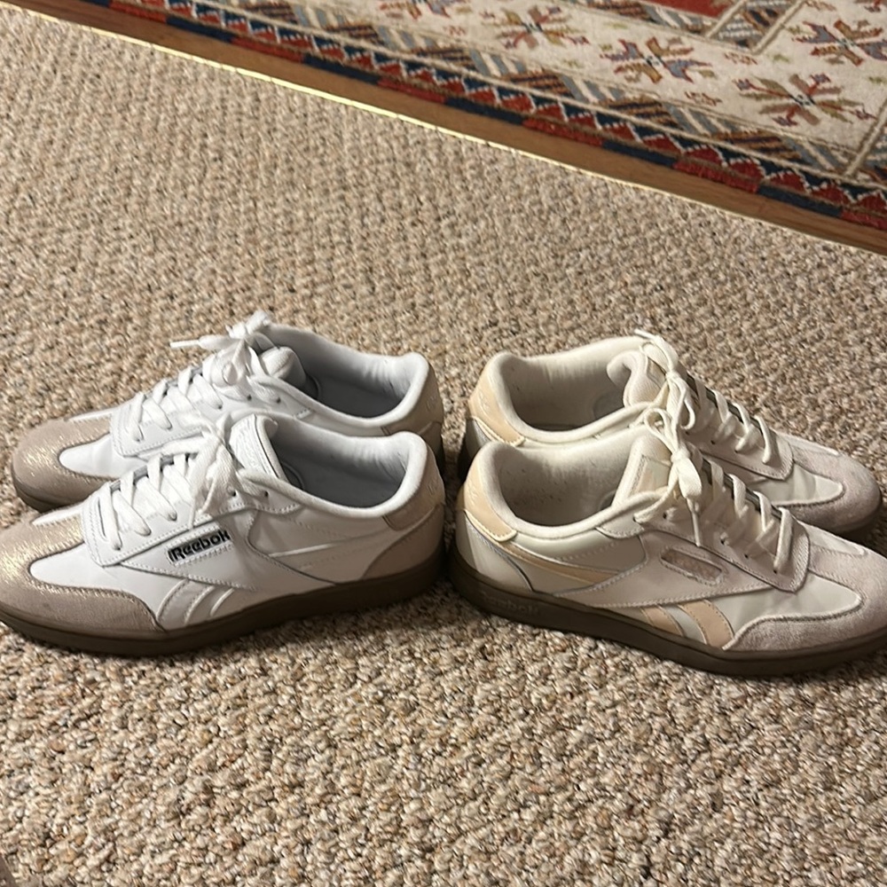 2 pair size 9 reeboks size 9. 1 pair gold and white and 1 pair cream and pink.